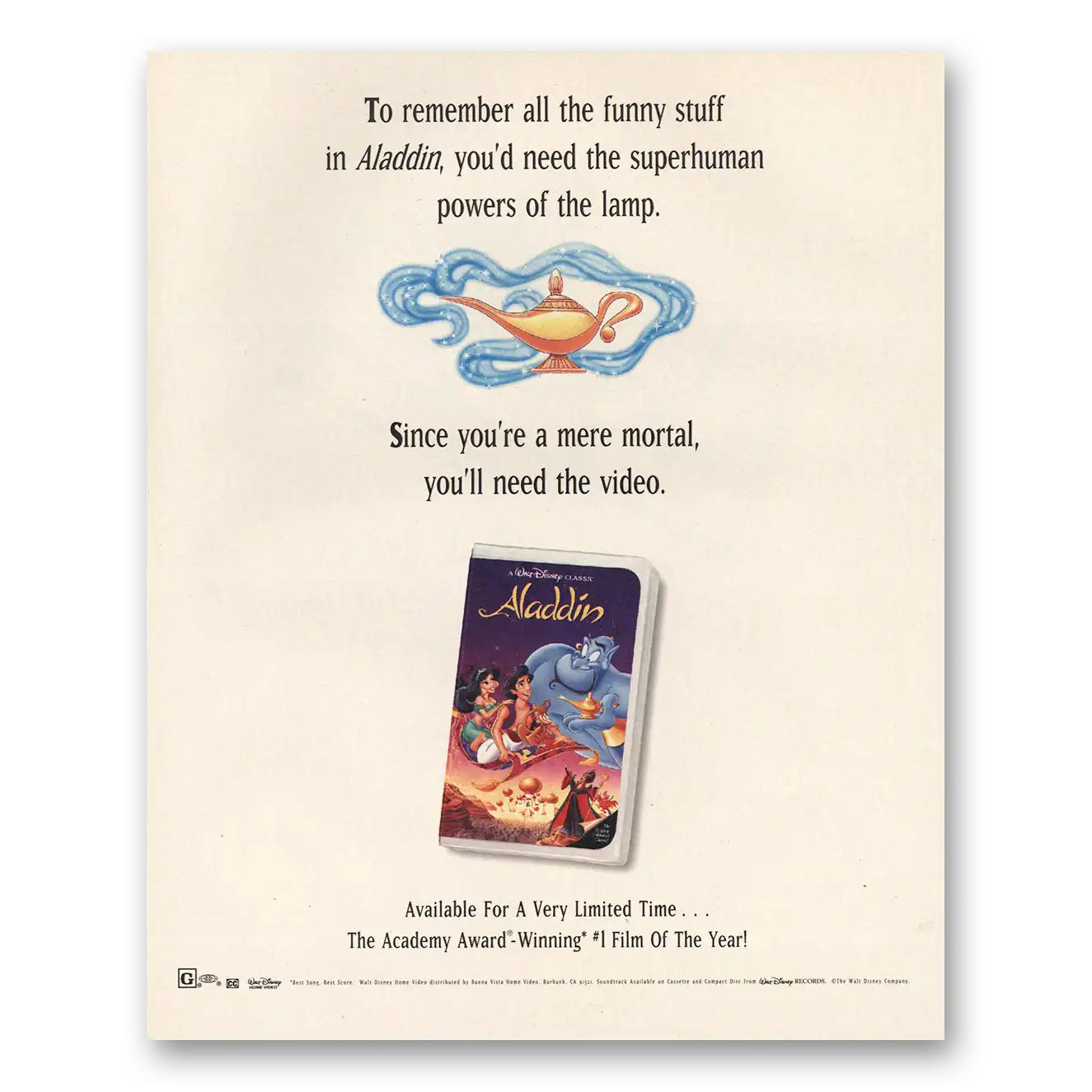 1993 Aladdin VHS Promo Remember All the Funny Stuff Vintage Magazine Print Ad