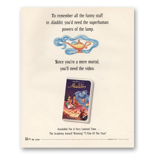 1993 Aladdin VHS Promo Remember All the Funny Stuff Vintage Magazine Print Ad