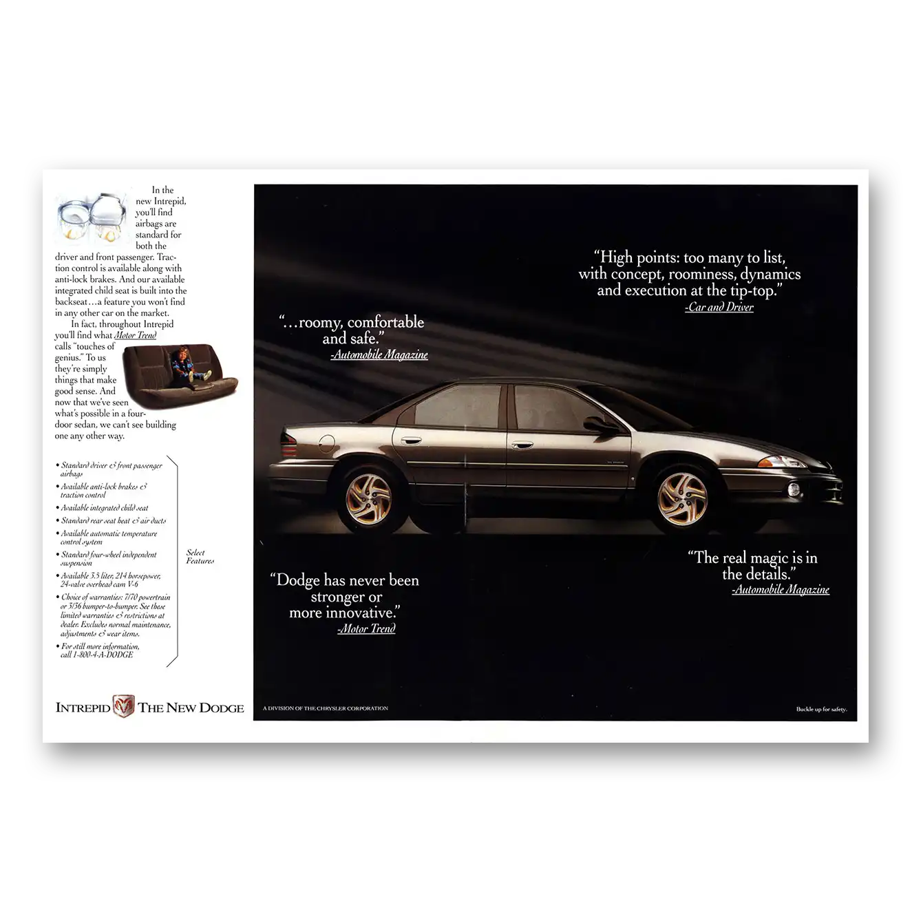 1993 Dodge Intrepid Roomy Comfortable Safe Vintage Magazine Print Ad