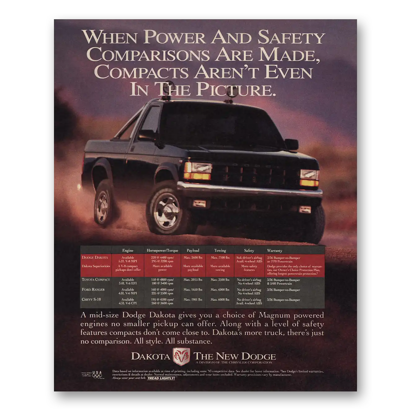 1993 Dodge Dakota Power Safety Comparisons Vintage Magazine Print Ad