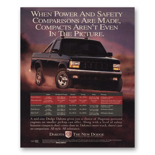 1993 Dodge Dakota Power Safety Comparisons Vintage Magazine Print Ad