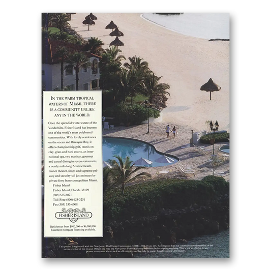 1993 Fisher Island Warm Tropical Waters of Miami Vintage Magazine Print Ad