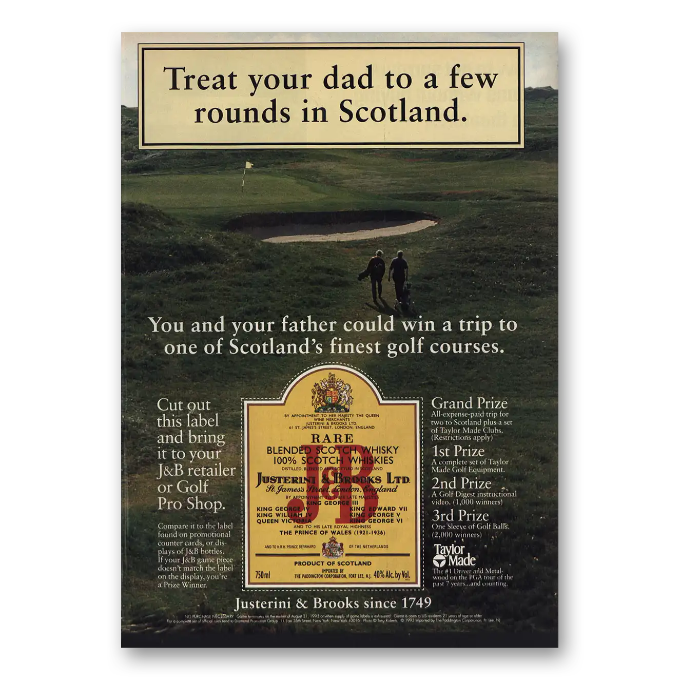 1993 J&B Scotch Whisky Treat Your Dad to a Few Rounds Scotland Vintage Magazine Print Ad