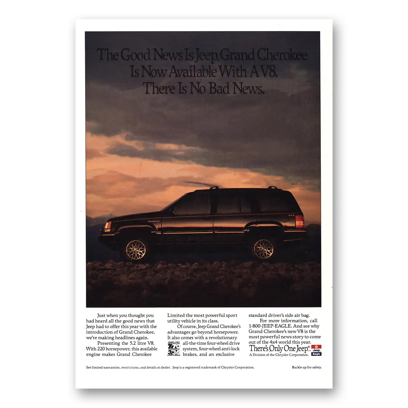 1992 Jeep Grand Cherokee Good News Is Vintage Magazine Print Ad