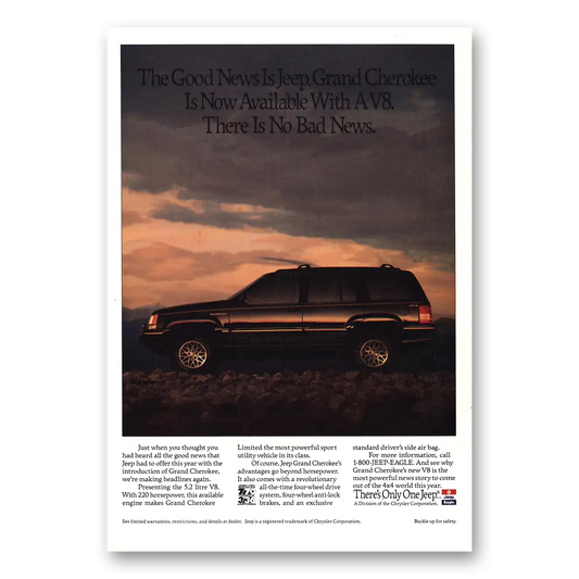 1992 Jeep Grand Cherokee Good News Is Vintage Magazine Print Ad