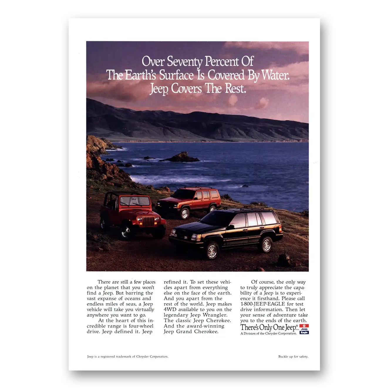 1993 Jeep Earths Surface Is Covered By Water Jeep Covers the Rest Vintage Magazine Print Ad