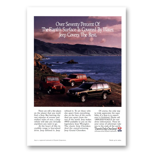 1993 Jeep Earths Surface Is Covered By Water Jeep Covers the Rest Vintage Magazine Print Ad