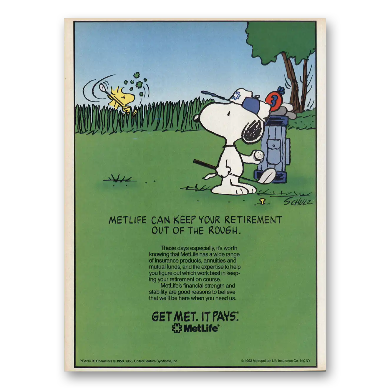 1993 MetLife Keep Retirement Out of the Rough Snoopy Vintage Magazine Print Ad