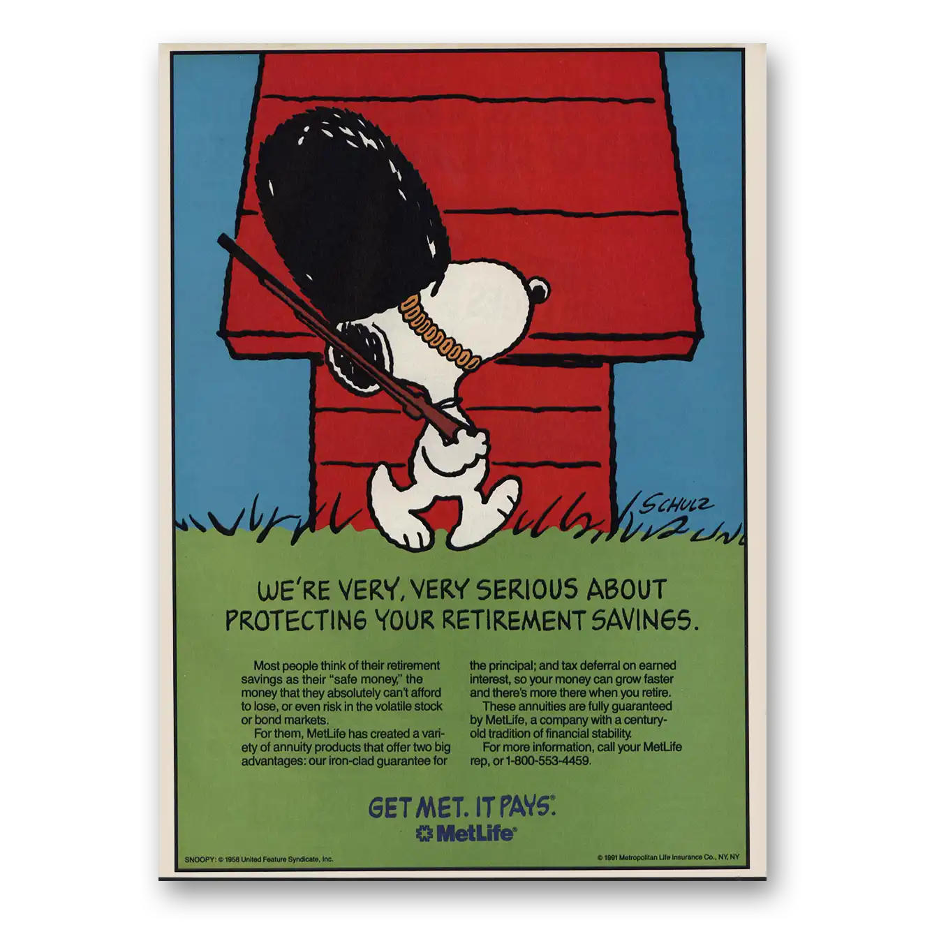 1993 MetLife Snoopy Very Serious Retirement Vintage Magazine Print Ad