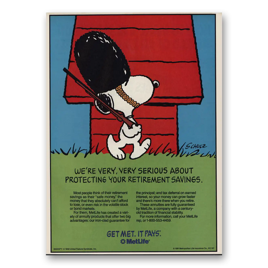 1993 MetLife Snoopy Very Serious Retirement Vintage Magazine Print Ad