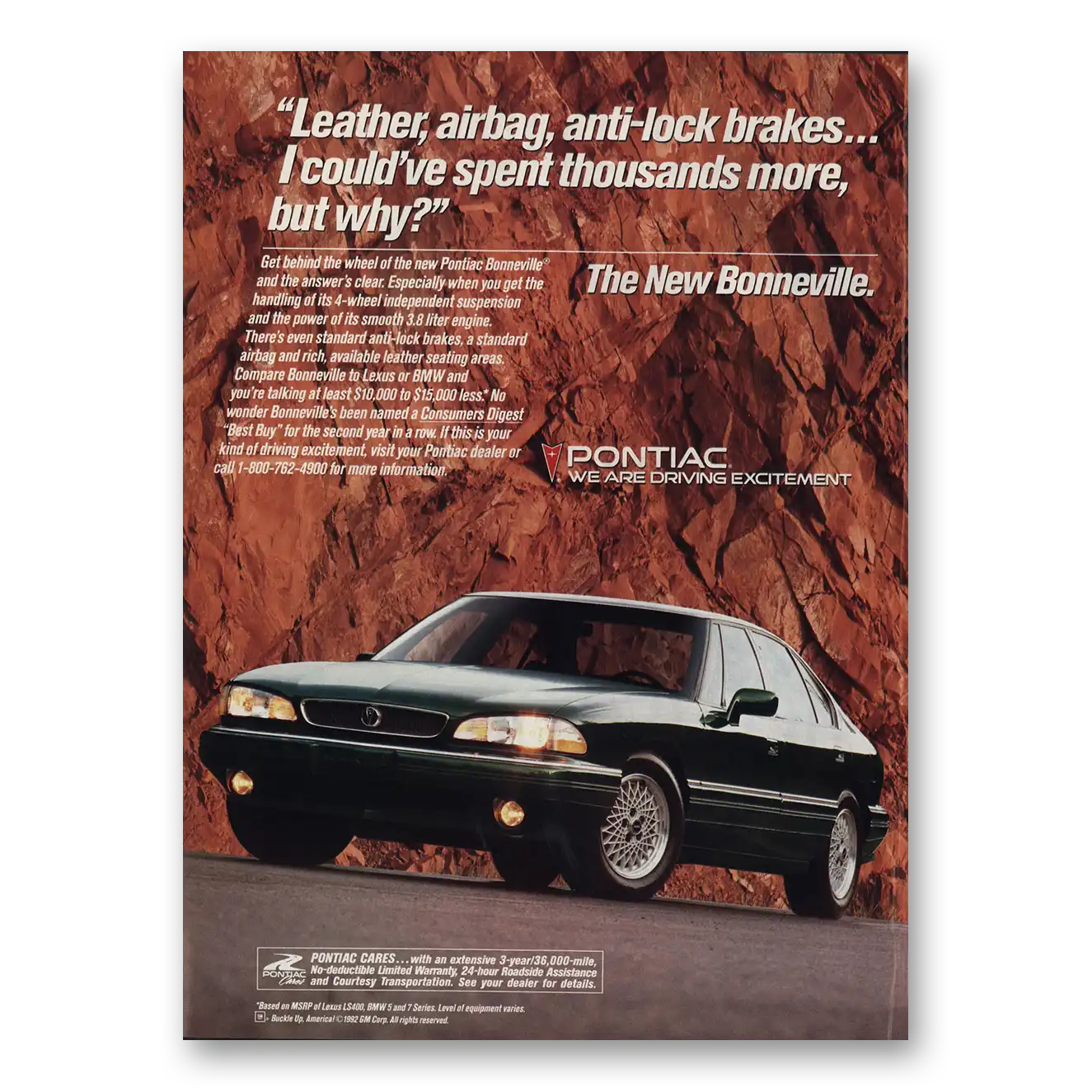 1993 Pontiac Bonneville Leather Airbag Anti Lock Brakes Vintage Magazine Print Ad