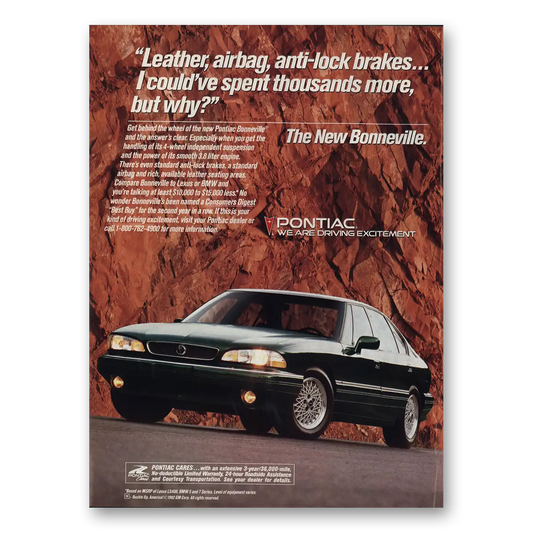 1993 Pontiac Bonneville Leather Airbag Anti Lock Brakes Vintage Magazine Print Ad