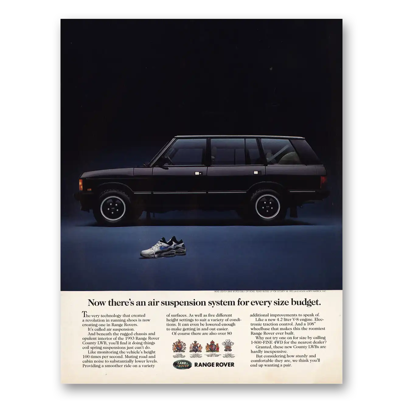 1993 Range Rover Air Suspension System for Every Size Budget Vintage Magazine Print Ad