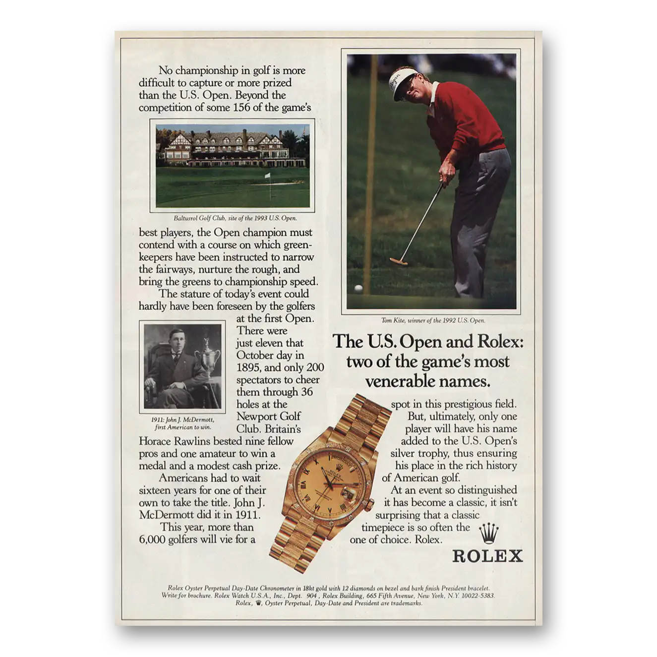 1993 Rolex US Open Vintage Magazine Print Ad