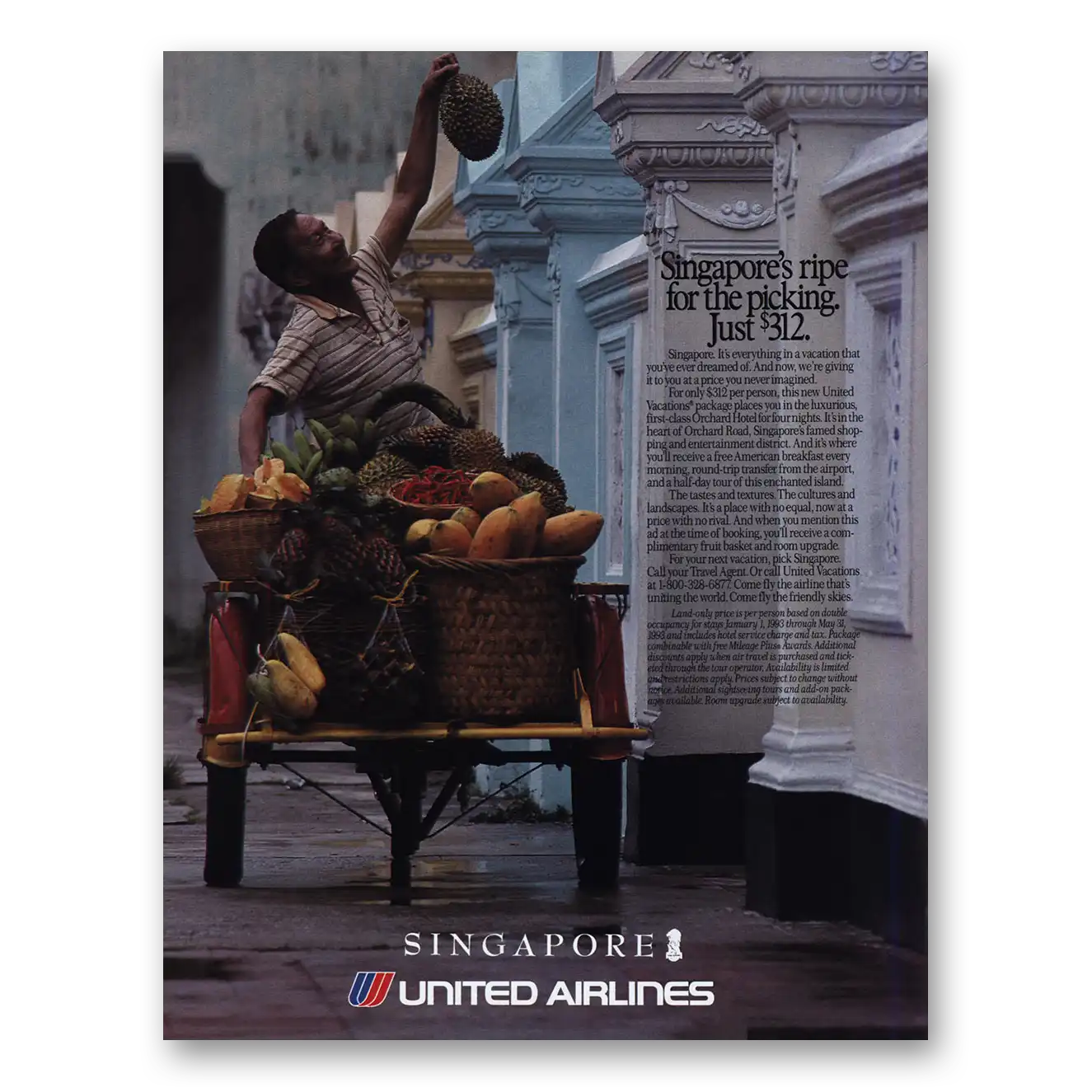 1993 United Airlines Singapore Ripe for the Picking Vintage Magazine Print Ad