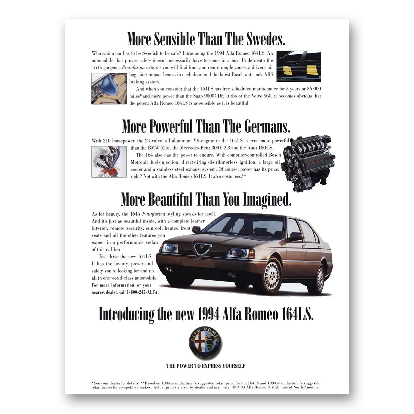 1993 Alfa Romeo 164 LS More Sensible Than the Swedes Vintage Magazine Print Ad