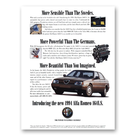 1993 Alfa Romeo 164 LS More Sensible Than the Swedes Vintage Magazine Print Ad