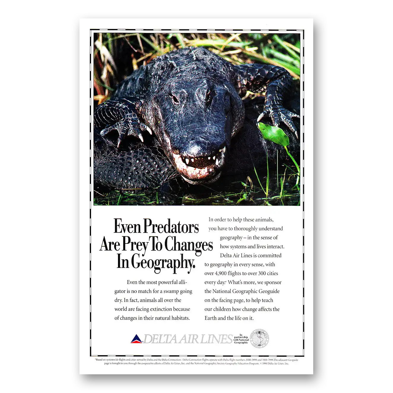 1994 Delta Air Lines Even Predators Are Prey to Changes in Geography Vintage Magazine Print Ad