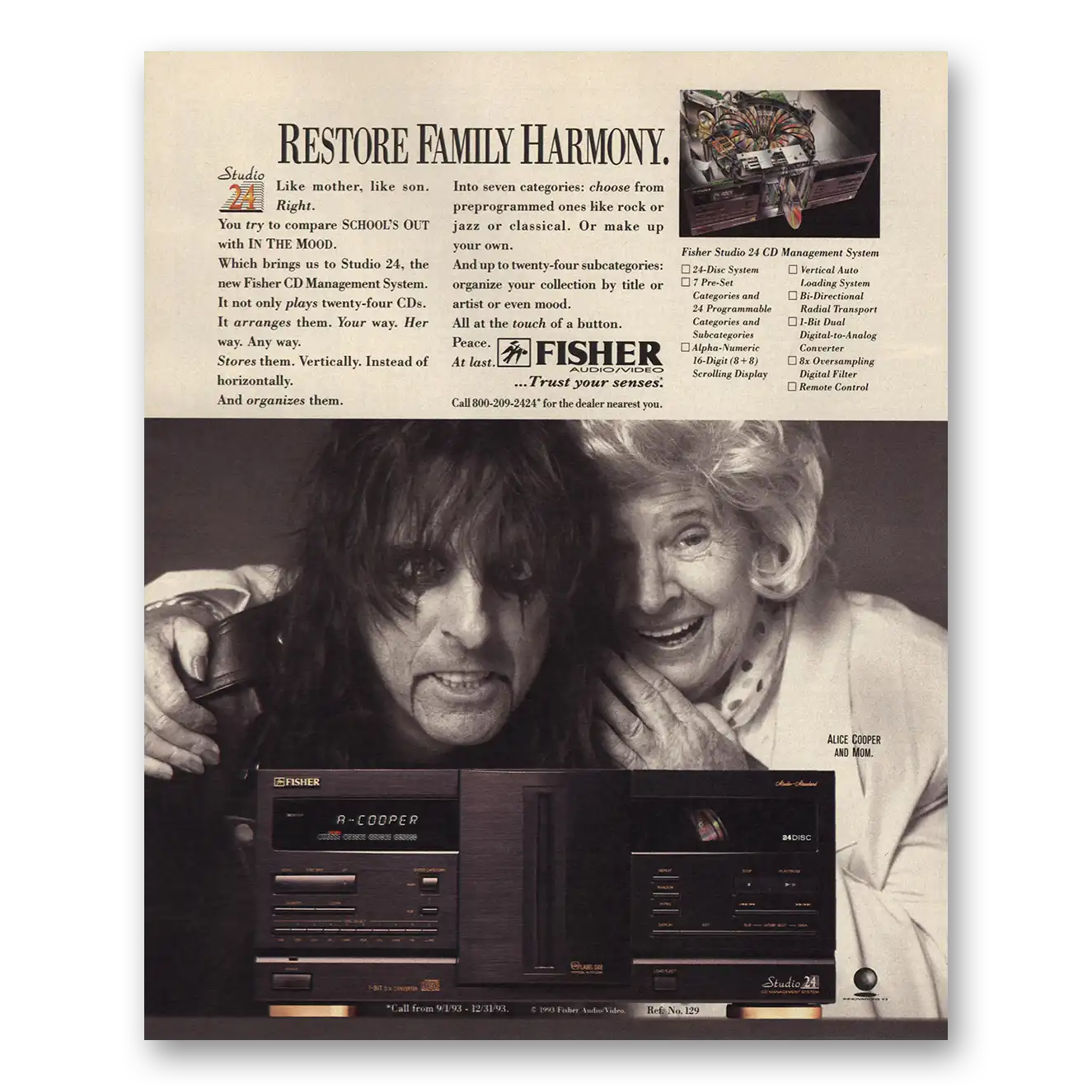 1994 Fisher Audio Video Family Harmony Alice Cooper and Mom Vintage Magazine Print Ad