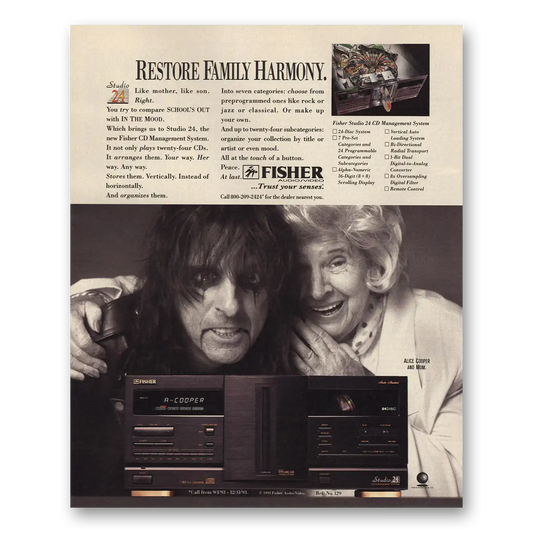 1994 Fisher Audio Video Family Harmony Alice Cooper and Mom Vintage Magazine Print Ad