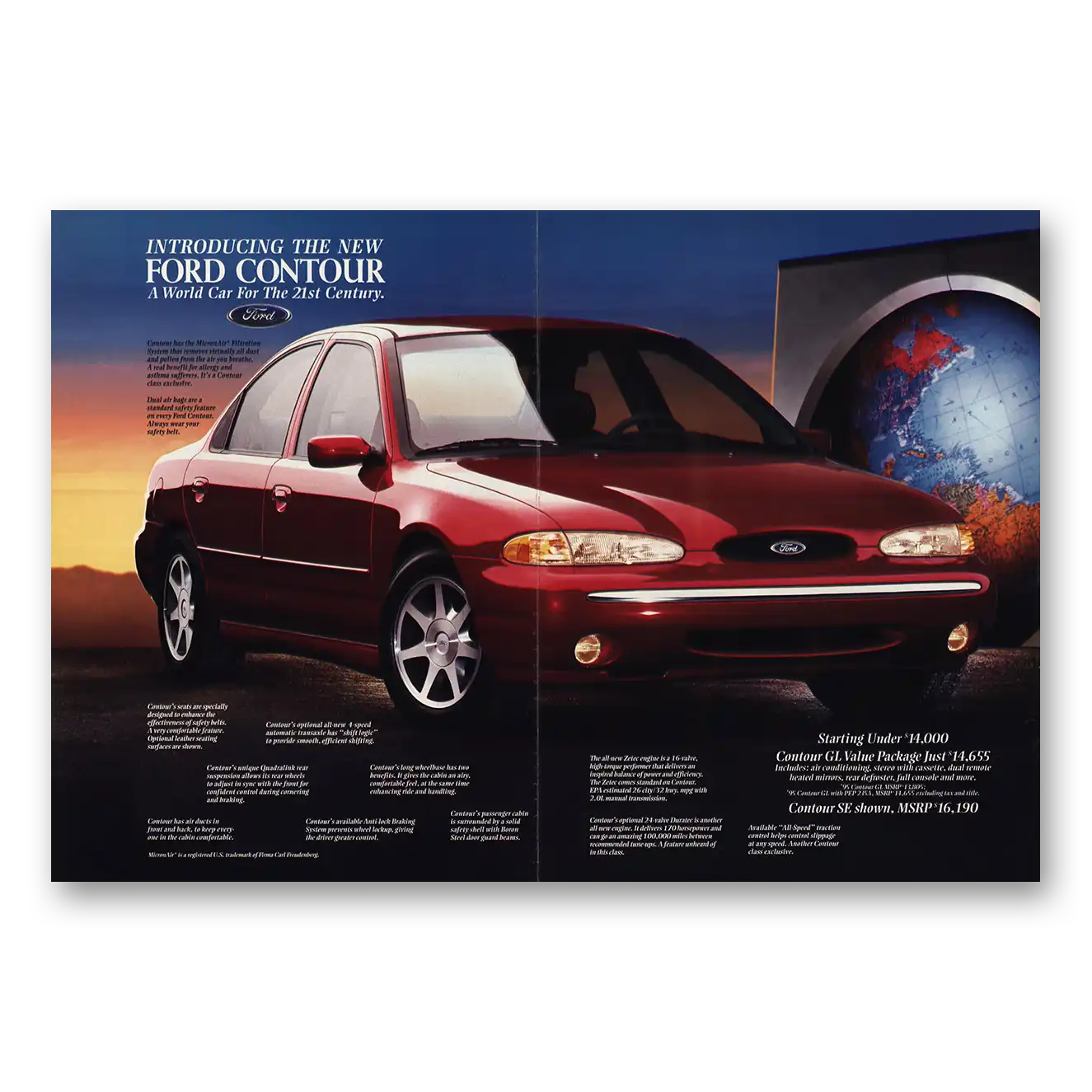 1994 Ford Contour Contour World Car for the 21st Century Vintage Magazine Print Ad