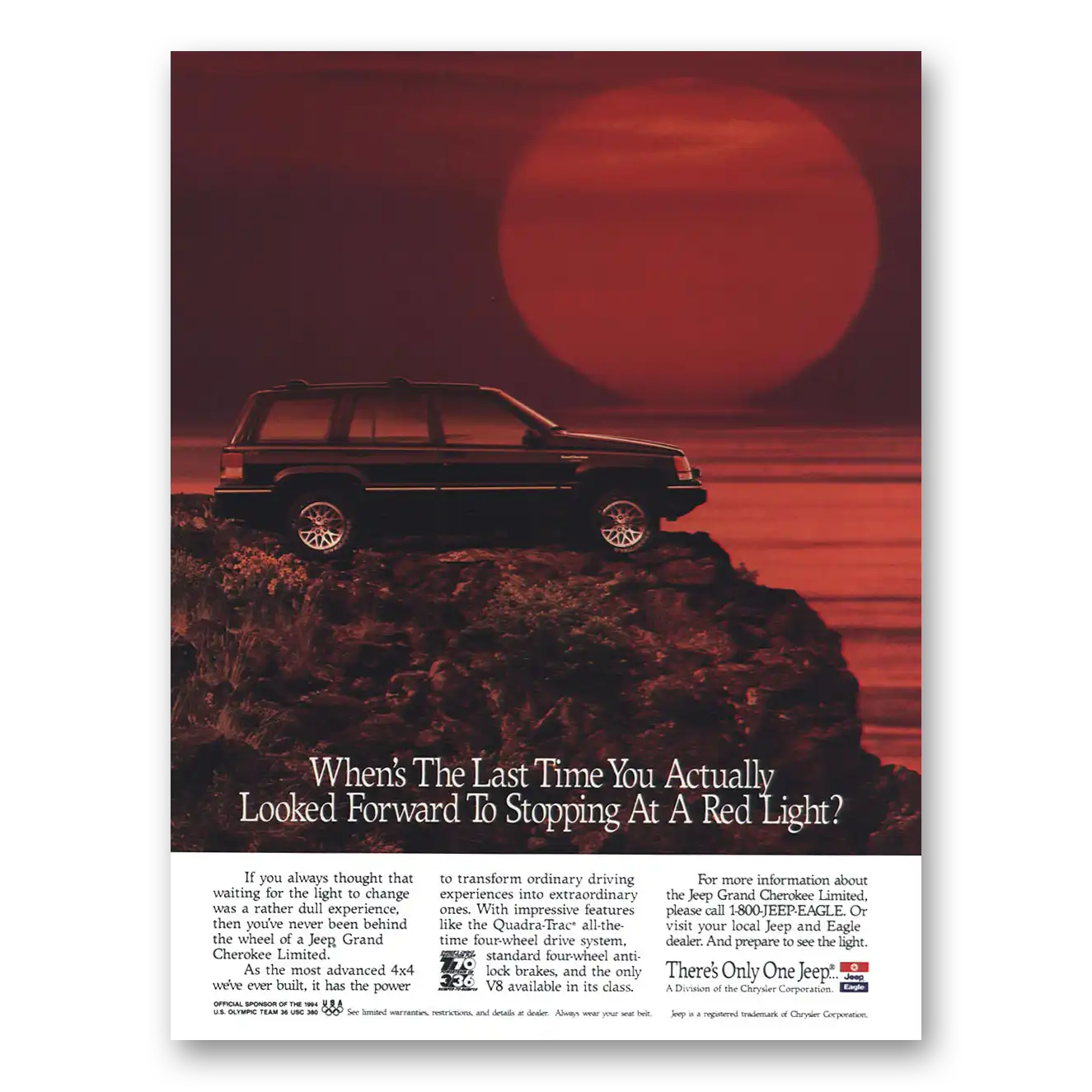 1994 Jeep Grand Cherokee Stopping At a Red Light Vintage Magazine Print Ad