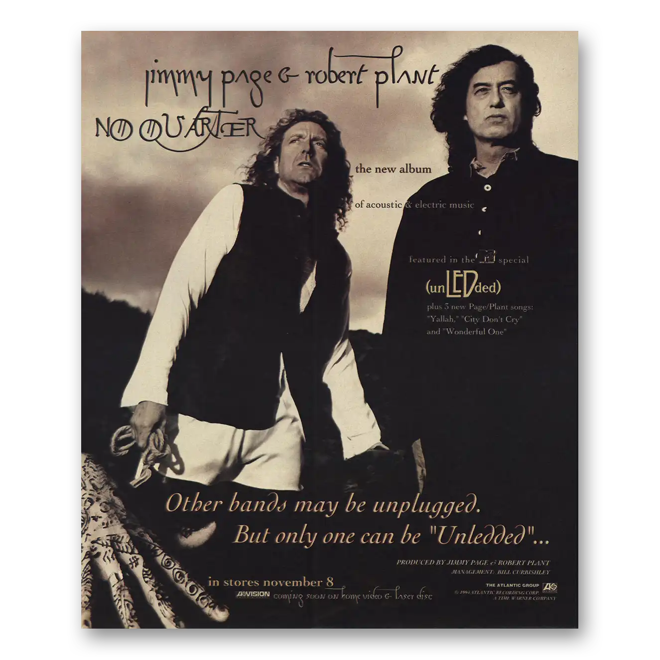 1994 Atlantic Records Jimmy Page and Robert Plant Promo Unledded No Quarter Vintage Magazine Print Ad