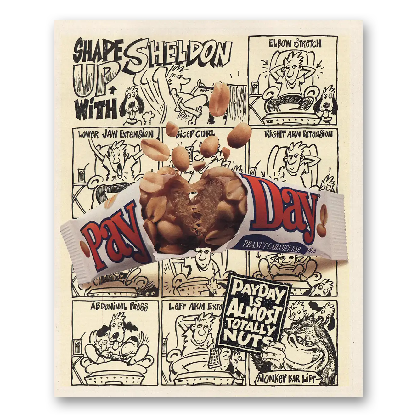 1994 PayDay Candy Bar Shape Up Sheldon Vintage Magazine Print Ad