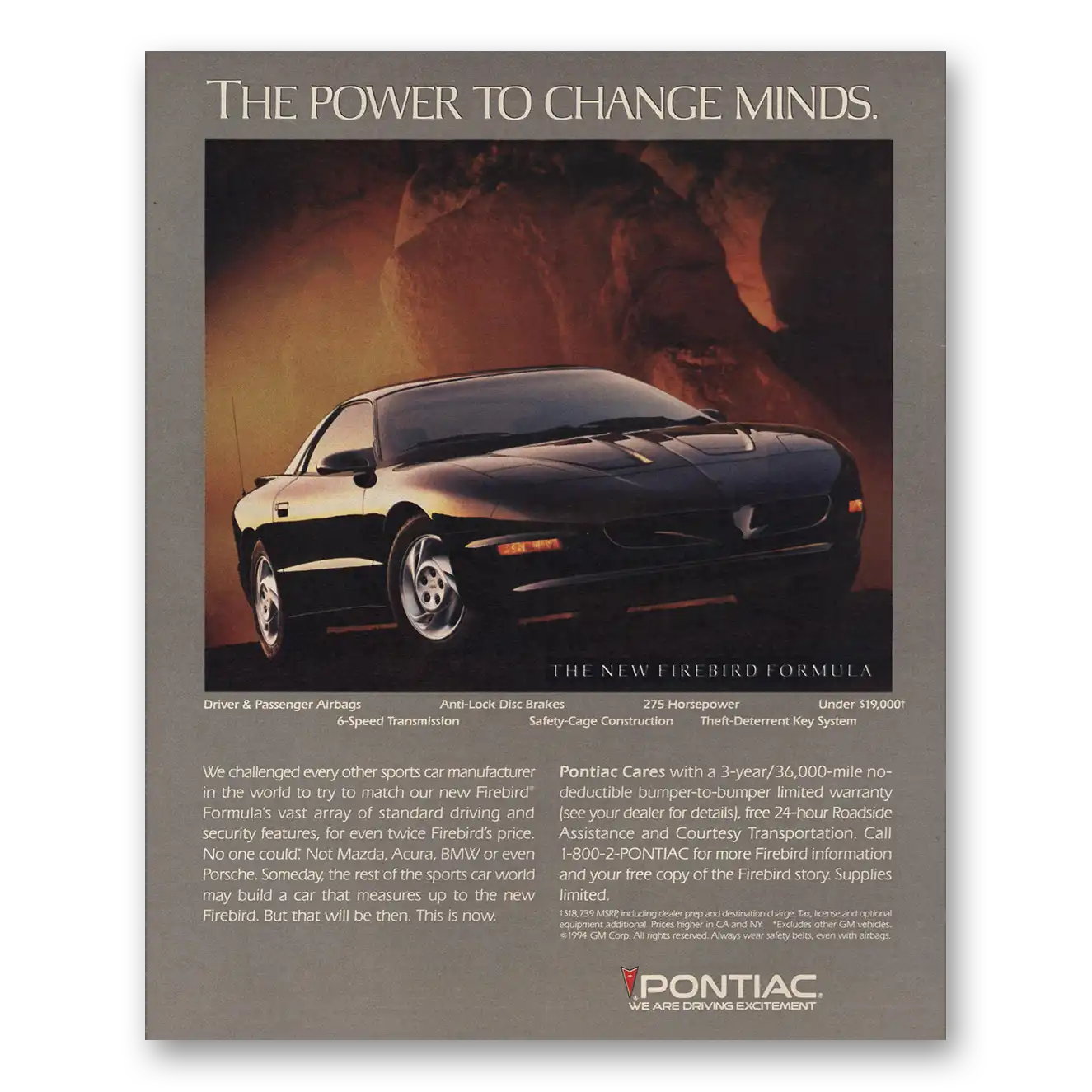 1994 Pontiac Firebird Formula Power to Change Minds Vintage Magazine Print Ad