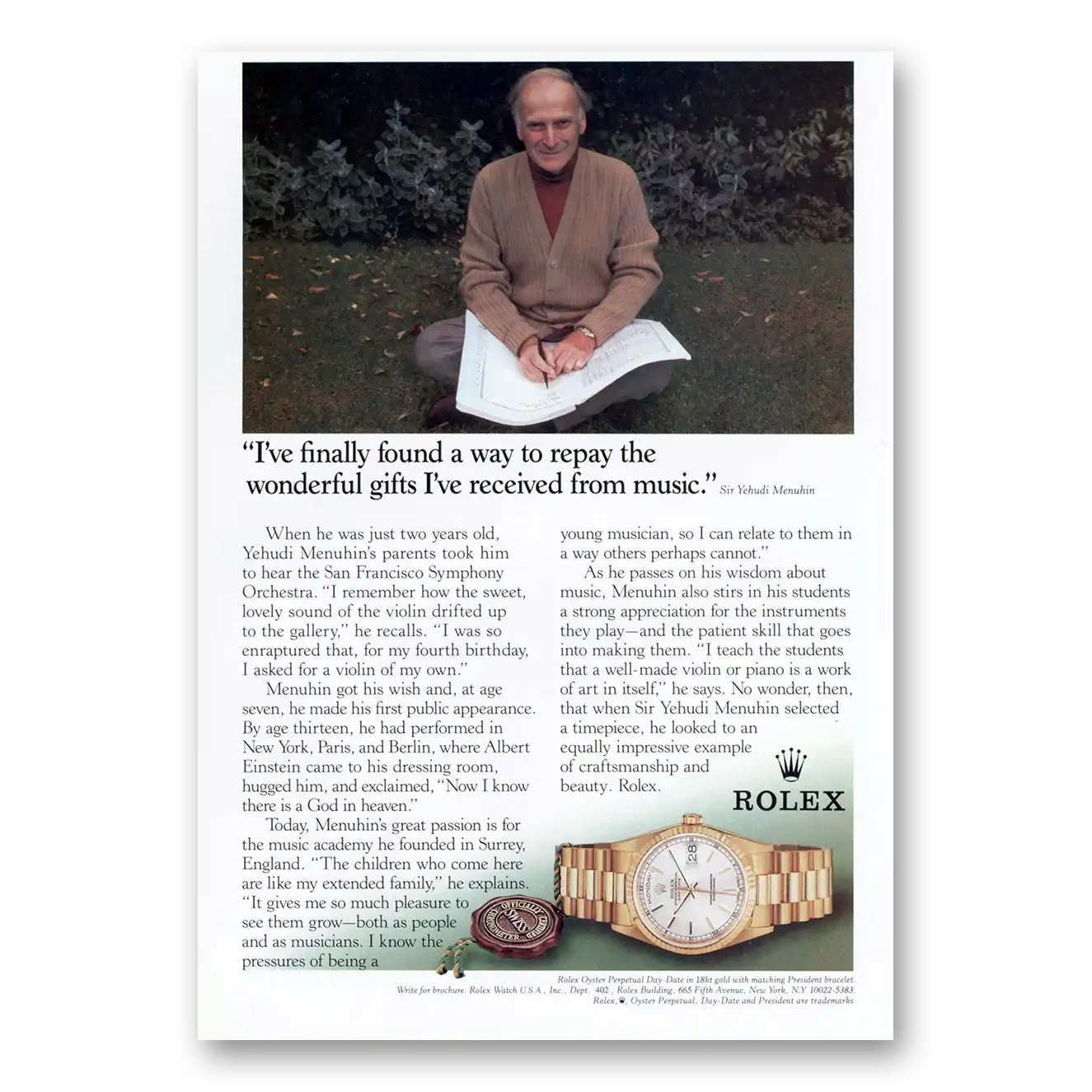 1994 Rolex Perpetual Day Watch Sir Yehudi Menuhin Vintage Magazine Print Ad