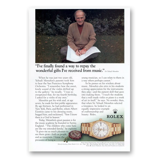 1994 Rolex Perpetual Day Watch Sir Yehudi Menuhin Vintage Magazine Print Ad