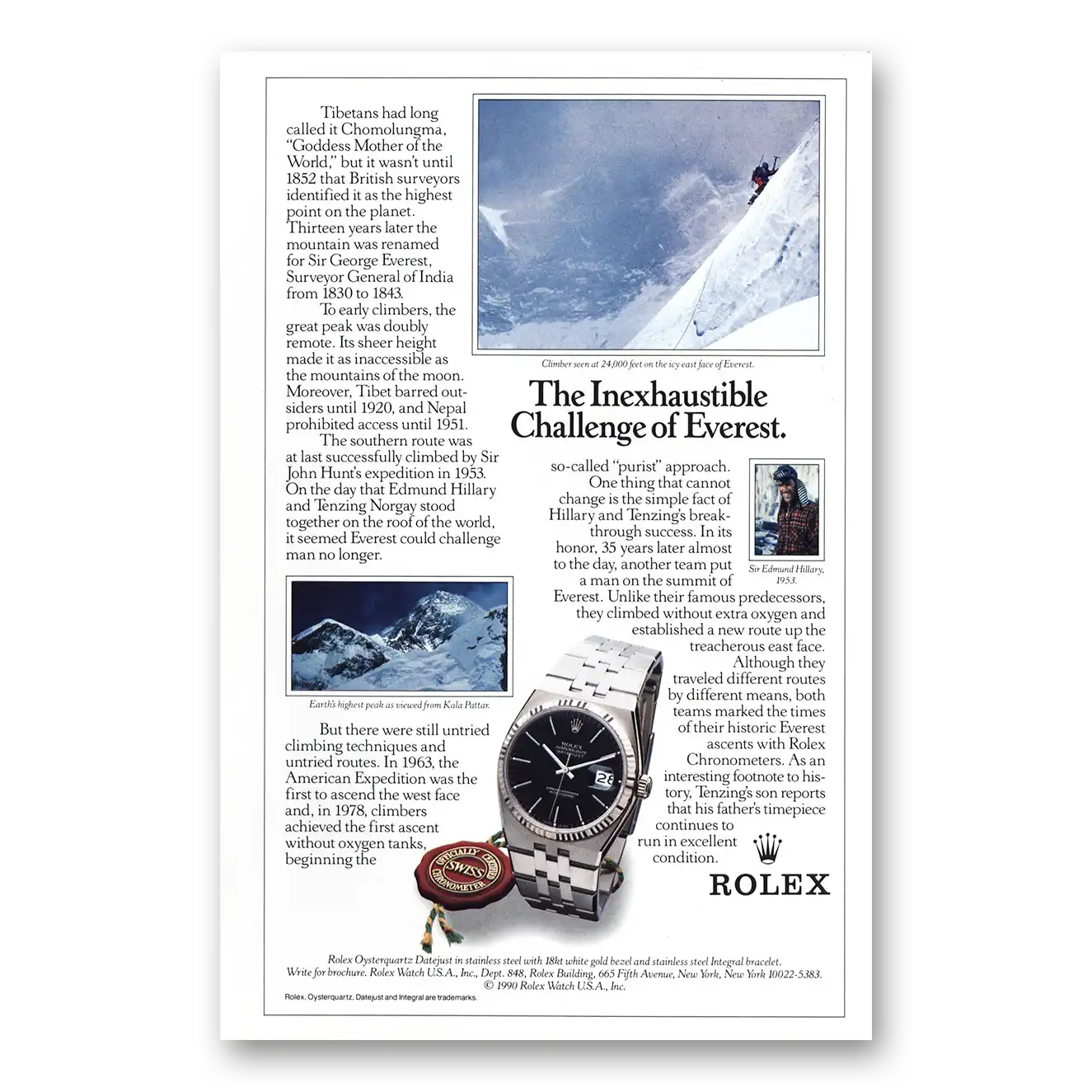 1990 Rolex Inexhaustible Challenge of Everest Vintage Magazine Print Ad