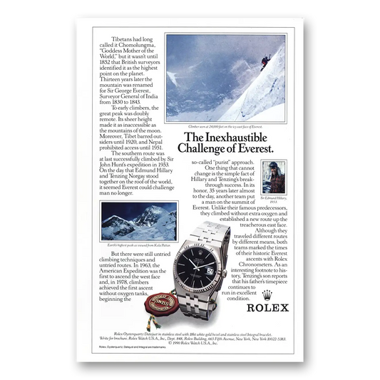 1990 Rolex Inexhaustible Challenge of Everest Vintage Magazine Print Ad