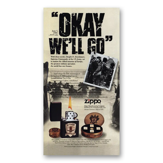 1994 Zippo Lighter Allied Invastion of Europe Okay We'll Go Vintage Magazine Print Ad