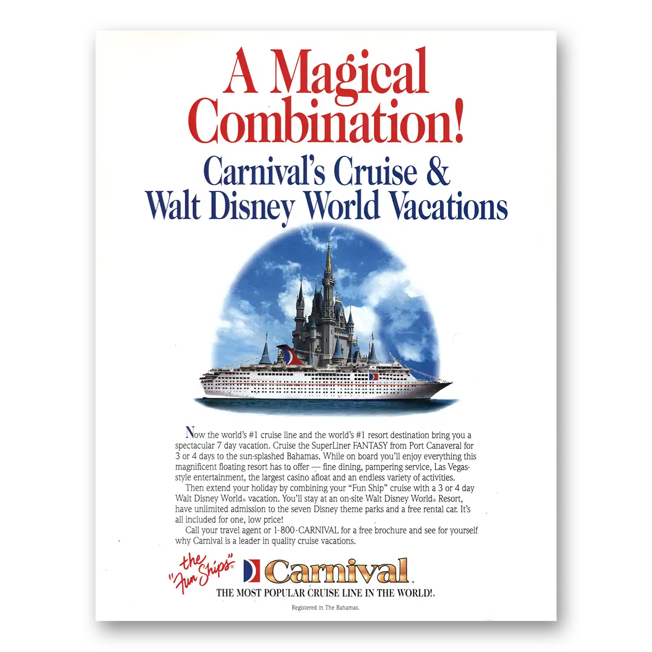 1995 Carnival Cruise Walt Disney World Vintage Magazine Print Ad