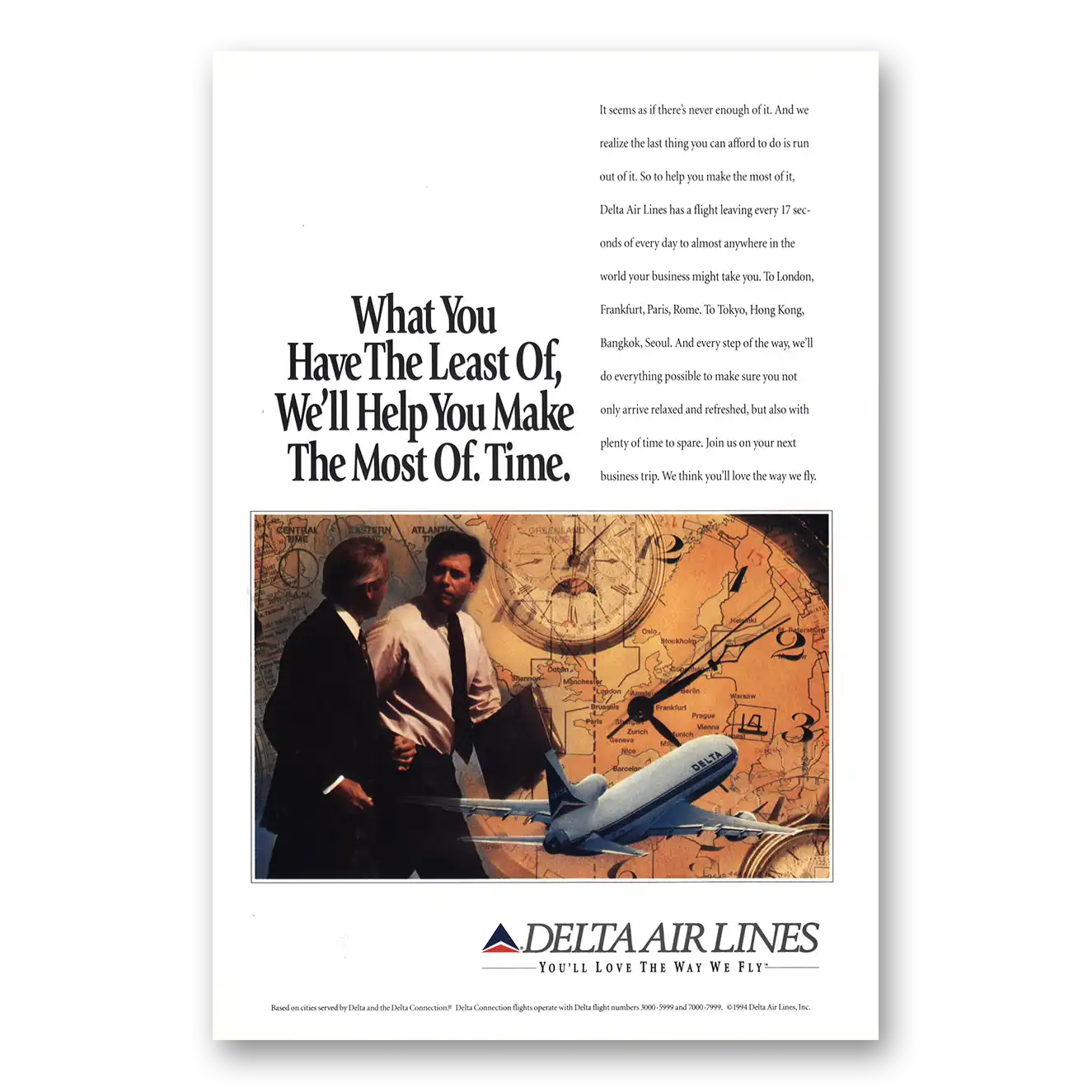 1995 Delta Air Lines Make the Most of Time Vintage Magazine Print Ad