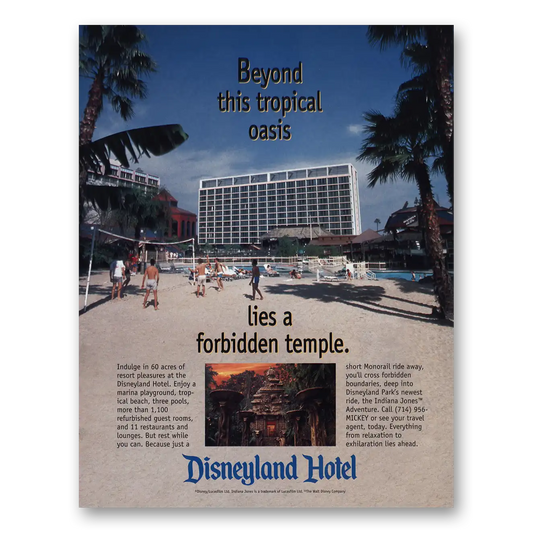 1995 Disneyland Hotel Forbidden Temple Indiana Jones Vintage Magazine Print Ad