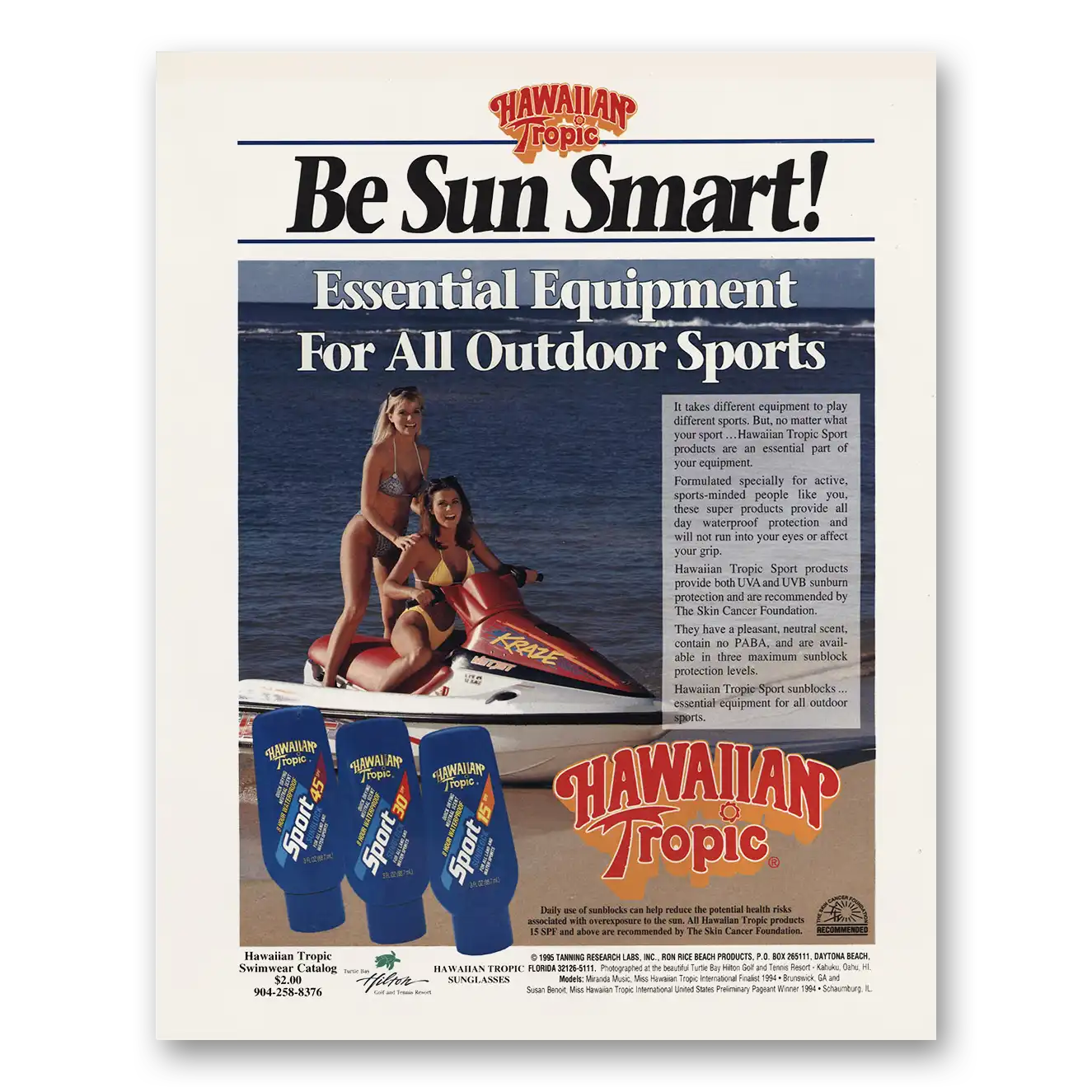 1995 Hawaiian Tropic Essential Equipment Outdoor Sports Vintage Magazine Print Ad