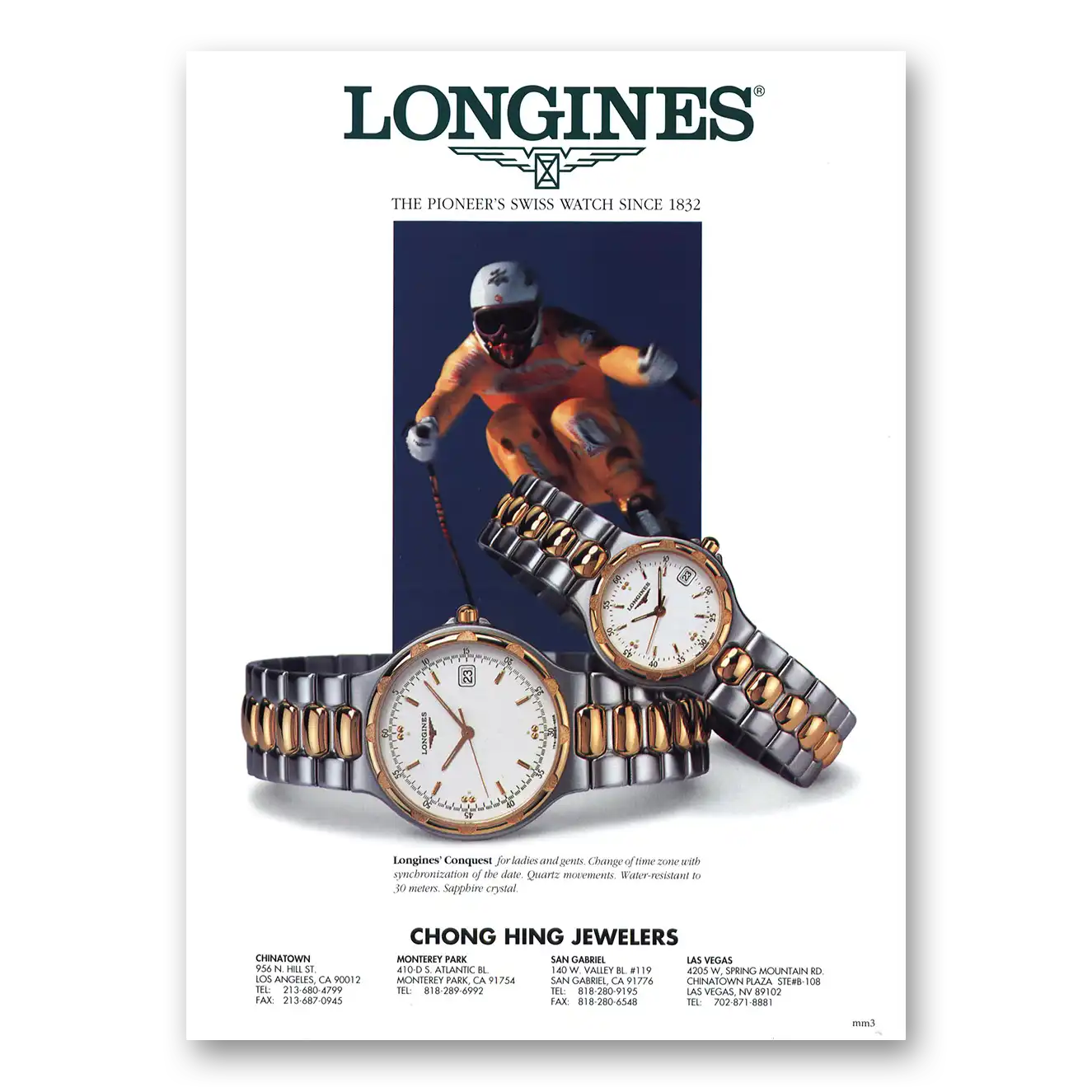 1995 Chong Hing Jewelers Conquest For Ladies and Gents Skier Vintage Magazine Print Ad