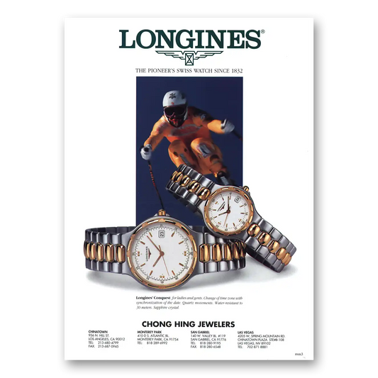 1995 Chong Hing Jewelers Conquest For Ladies and Gents Skier Vintage Magazine Print Ad