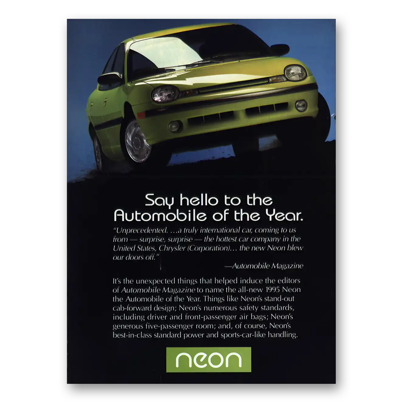 1995 Chrysler Neon Say Hello Automobile of the Year Vintage Magazine Print Ad