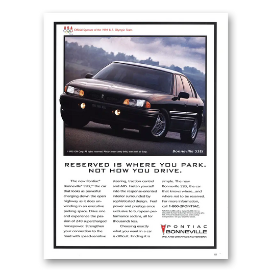 1995 Pontiac Bonneville Reserved Is Where You Park Vintage Magazine Print Ad