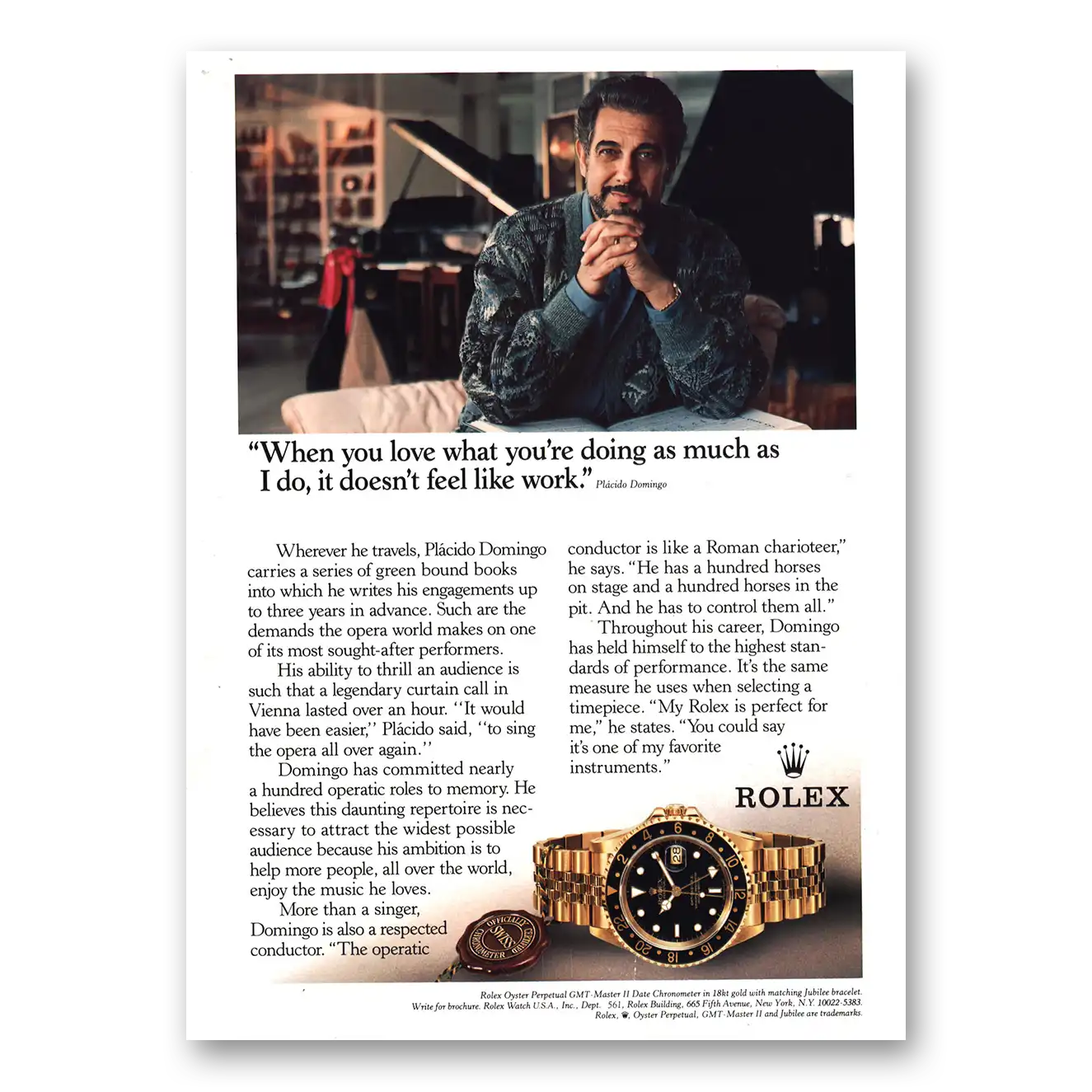 1995 Rolex Oyster Watch Placido Domingo Vintage Magazine Print Ad