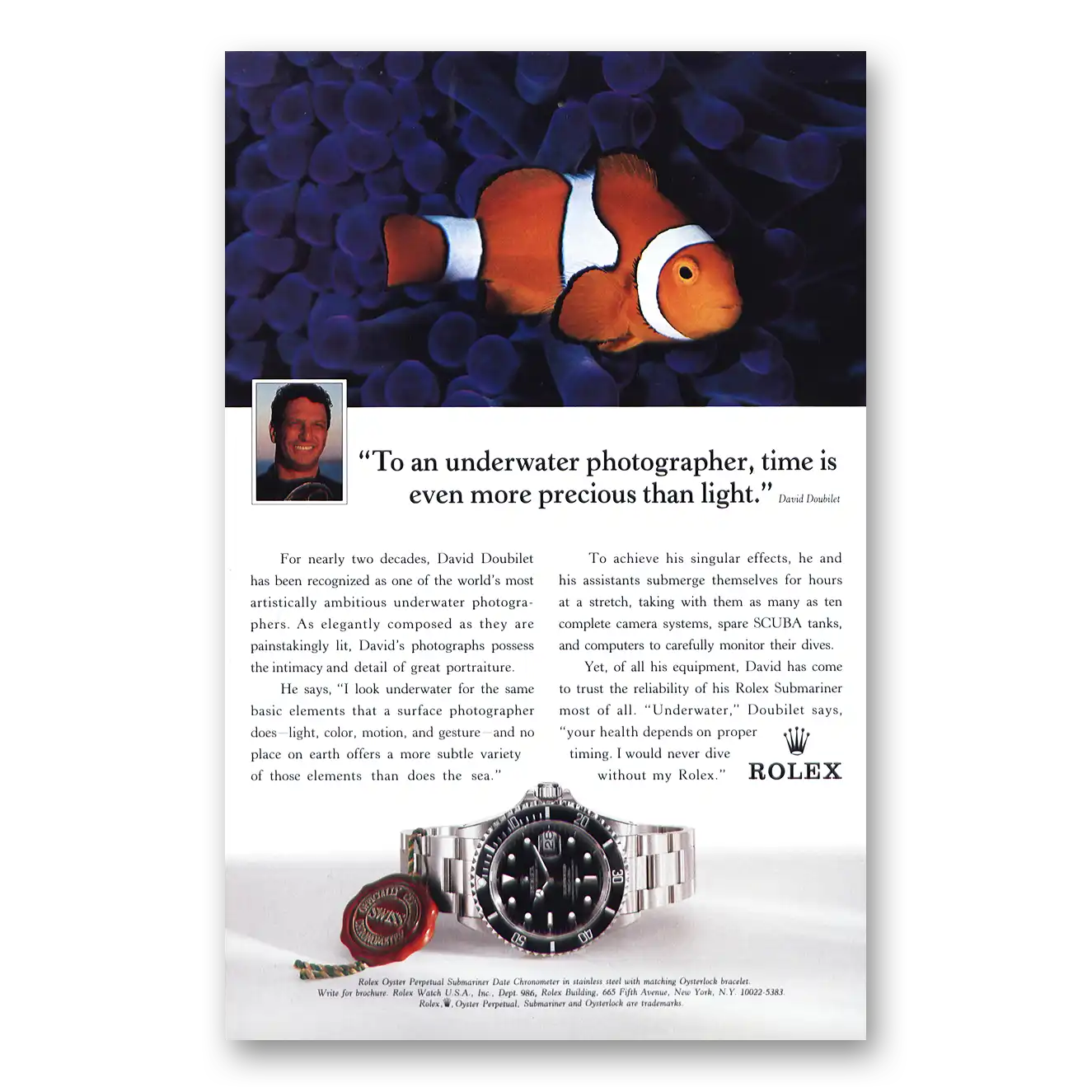 1995 Rolex Underwater Photographer David Doubilet Vintage Magazine Print Ad