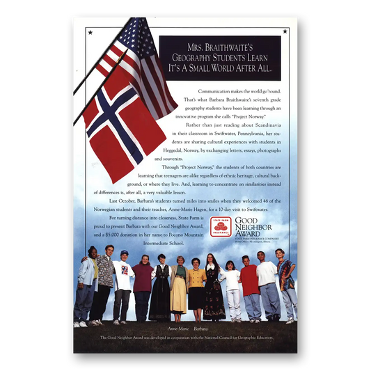 1995 State Farm Insurance Mrs Braithwaites Geography Vintage Magazine Print Ad