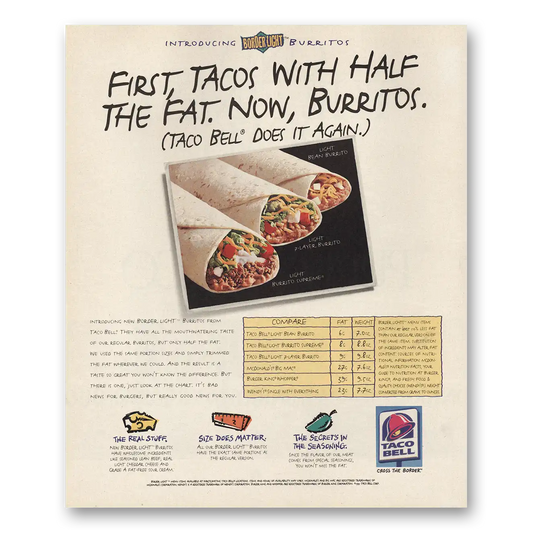 1995 Taco Bell Tacos With Half the Fat Now Burritos Vintage Magazine Print Ad