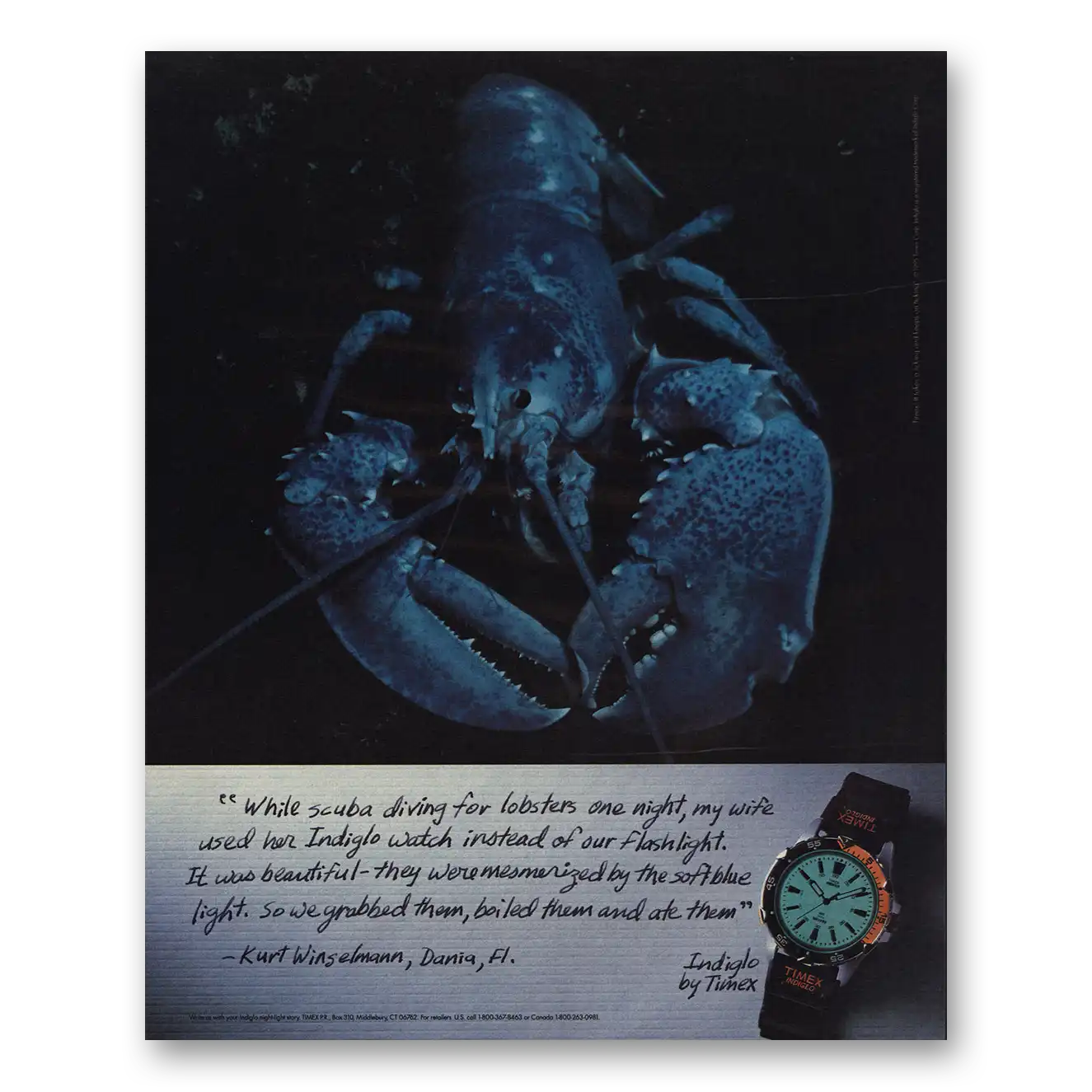 1995 Timex Watch Indiglo Scuba Diving for Lobsters Vintage Magazine Print Ad