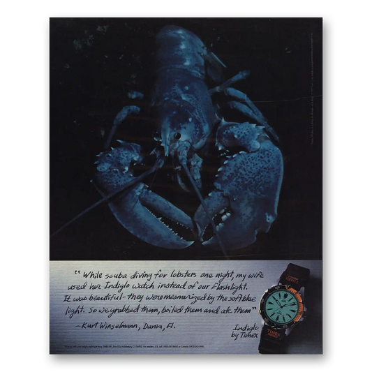 1995 Timex Watch Indiglo Scuba Diving for Lobsters Vintage Magazine Print Ad