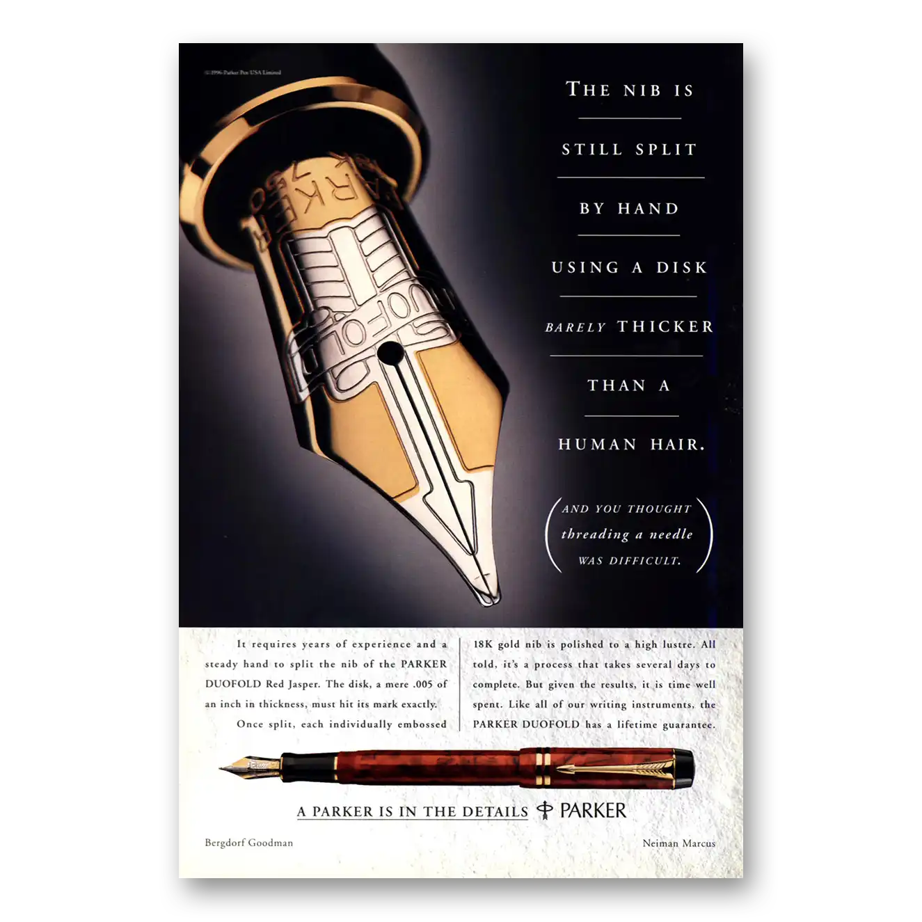 1996 Parker Duofold Pen Nib Is Still Split By Hand Using a Disk Vintage Magazine Print Ad