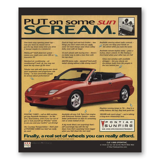 1996 Pontiac Sunfire Put On Some Sun Scream Vintage Magazine Print Ad